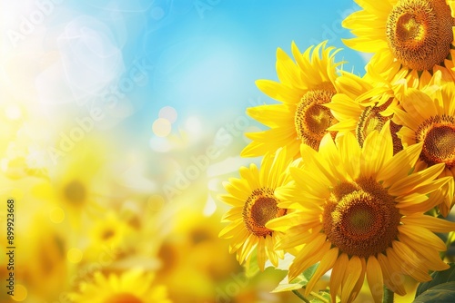 sunflowers closeup against blue sky with copy space