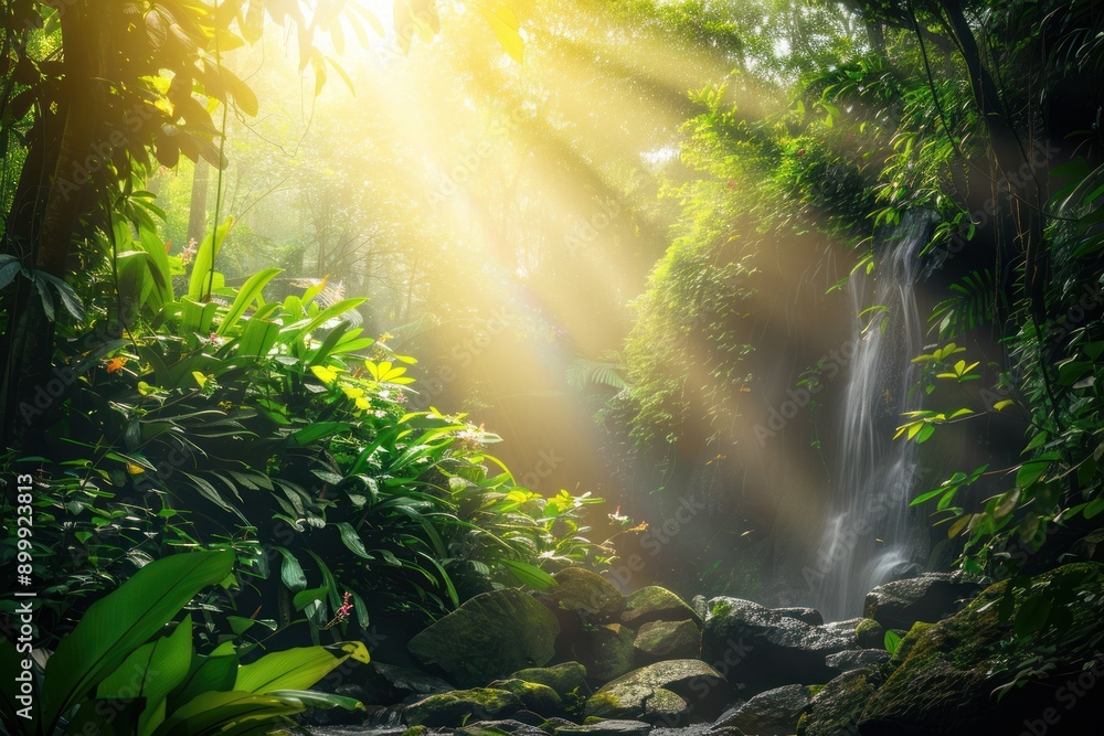 Fototapeta premium Sunlight streaming through lush green forest with waterfall in background