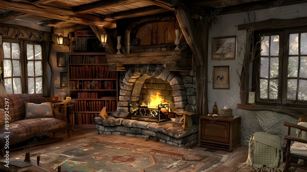 Quaint library with stone fireplace, wooden beams, and cozy seating. Quaint library with stone fireplace, wooden beams, and cozy seating.