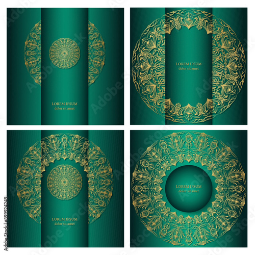 Set of four green coloured square backgrounds with a gold mandala. Ethnic ornament in lavish design of cards, invitations, packaging. 