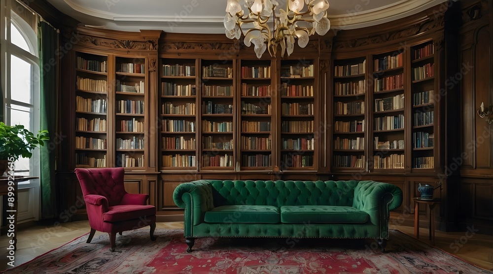 A warm and cozy home library, a royal green and crimson sofa in front of the library, a cozy and pleasant atmosphere, pots with large and attractive leaves A warm and cozy home library, a royal green and crimson sofa in front of the library, a cozy and pleasant atmosphere, pots with large and attractive leaves