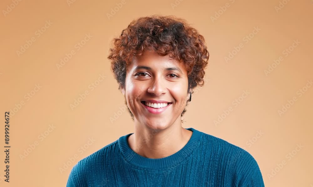 Cheerful adult wearing casual clothing smiles confidently in front view portrait on colored background Cheerful adult wearing casual clothing smiles confidently in front view portrait on colored background