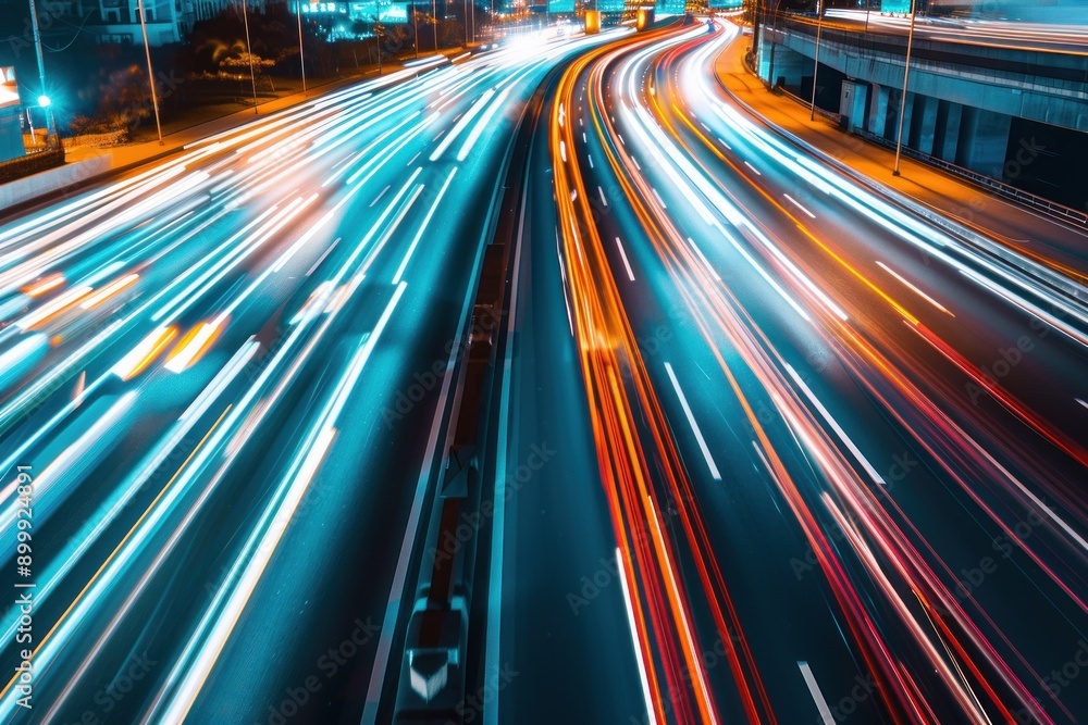 Urban highway with high speed traffic during evening rush hour, car headlights and busy night transport, motion blur Urban highway with high speed traffic during evening rush hour, car headlights and busy night transport, motion blur