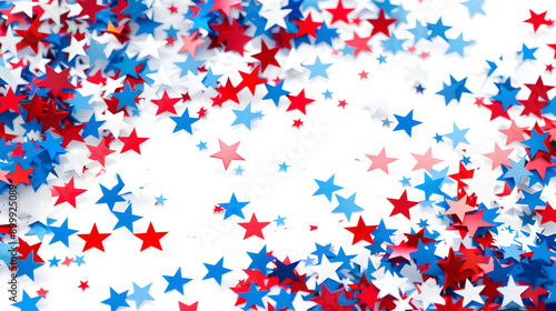 Red and blue stars scattered over white background for USA celebrations like 4th of July, Memorial Day, Veteran's Day, or other patriotic US American holidays.