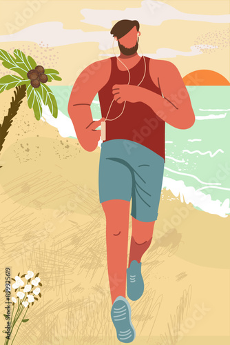 Jogging against a colorful seascape, ocean coastline, people engaged in vigorous outdoor exercise. Hand drawing.