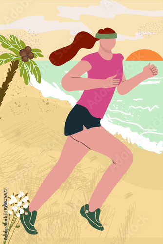 Jogging against a colorful seascape, ocean coastline, people engaged in vigorous outdoor exercise. Hand drawing.