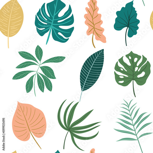 Seamless pattern with monstera leaves. Hand drawn illustration in flat style.