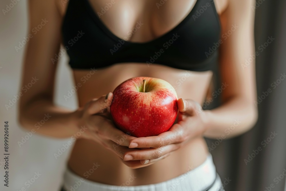 Woman with flat belly holds an apple. Concept of intestinal health, diet, weight loss, nutrition, health and well-being Woman with flat belly holds an apple. Concept of intestinal health, diet, weight loss, nutrition, health and well-being