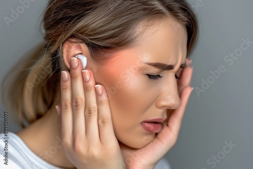 Woman with her hand on her ear. Concept of ear pain, otitis, ear plug, hearing problems and deafness