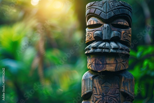 Wooden totem idol head of god tiki mask in forest on blurred background