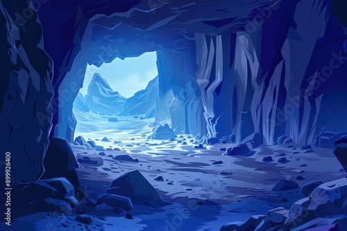 Mysterious Icy Cave Entrance With Rocky Snow Covered Floor And Bright Light Beyond