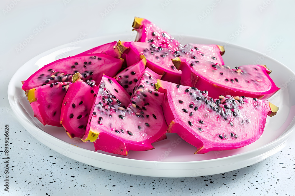 On a white plate over a white base, pink pitahaya is cut in half and topped with dragón fruit On a white plate over a white base, pink pitahaya is cut in half and topped with dragón fruit