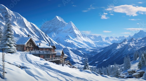 A snowy alpine village with ski slopes photo