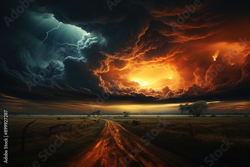 A dramatic thunderstorm over a prairie landscape photo