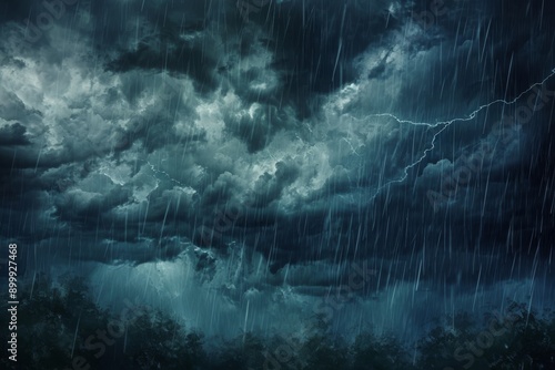 A menacing dark stormy sky filled with thick clouds and rain pouring down, Rain articulating the melancholy with dark clouds and lightning, AI Generated
