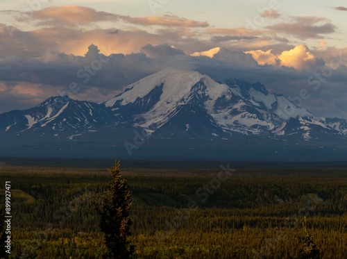 Mount Drum, stratovolcano, in Wrangell-St. Elias National Park at sunset