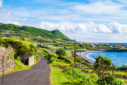 Road along ocean in Faja Grande village, Flores island, Azores, Portugal