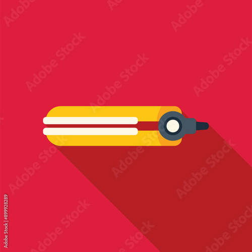 Hair straightener is lying on red background, beauty and fashion concept