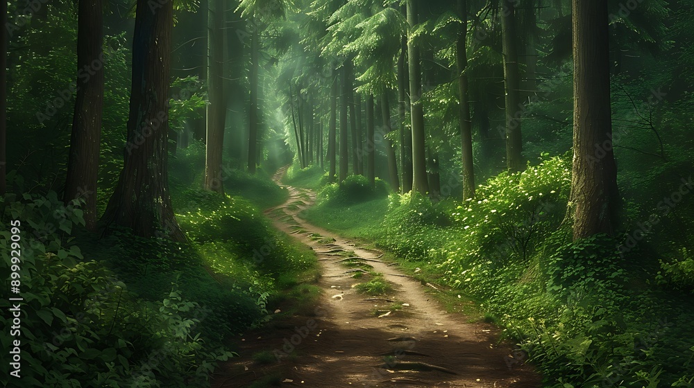 Create a winding forest path flanked by tall trees, leading into the unknown. Create a winding forest path flanked by tall trees, leading into the unknown.