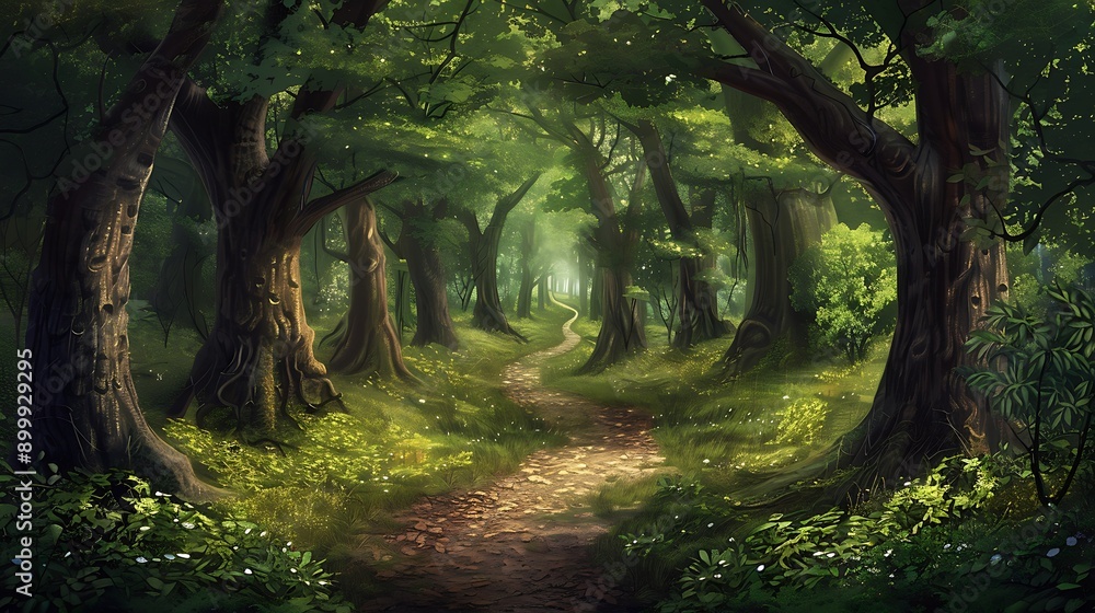 Create a winding forest path flanked by tall trees, leading into the unknown. Create a winding forest path flanked by tall trees, leading into the unknown.