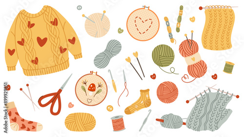 Set of tools for hobby. Set of wool yarn balls knitting flat,  embroidery needlework, canvas, hoop, thread a needle, floss, scissors, flat vector graphics. Cozy comfortable lifestyle, winter and autum