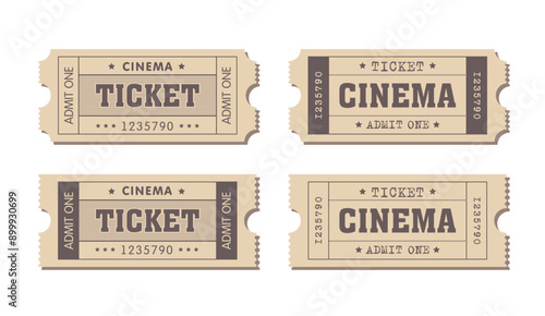 Set of vintage movie tickets, old style tickets cinema