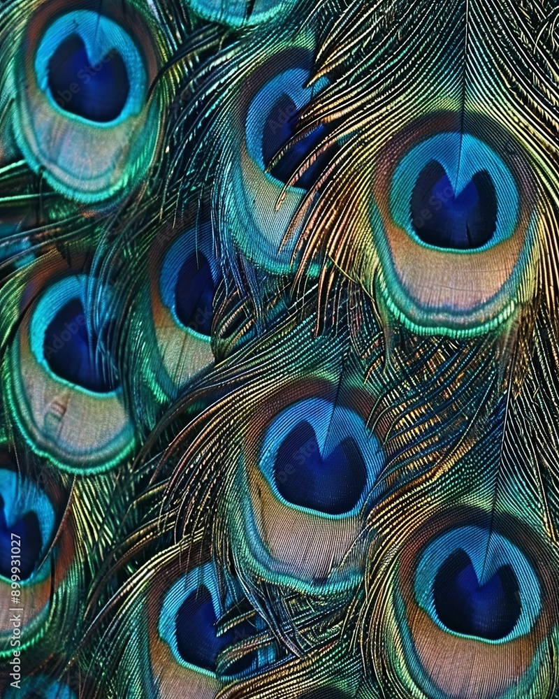 Fototapeta premium Captivating Close-Up of Vibrant Peacock Feathers Displaying Intricate Patterns Against Soft Background