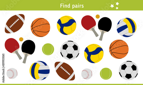 Find pairs for balls for various sports games, inventory for sportsmen. Children's educational game, logical task. Riddle, quiz for kids
