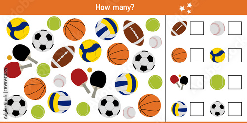 How many balls for various sports games, inventory for sportsmen? Children's educational game, logical task. Riddle, quiz for kids. Vector illustration	
