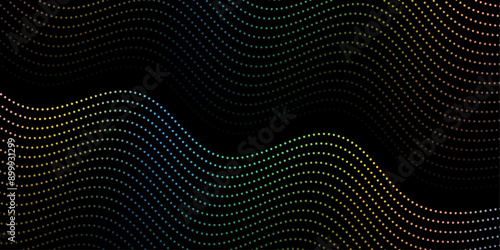 Abstract background with dots and waves. Medium banner size. Element for design. Vector background for brochure, booklet, flyer, poster. Colorful and black gradient. Dark, night