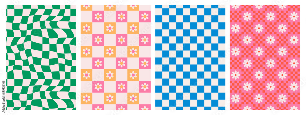 Psychedelic Checkerboard. Groovy hippie 70s background set. Trippy checkered wallpaper. Retro vector illustration in Y2k style. Funky distorted poster patterns. Psychedelic Checkerboard. Groovy hippie 70s background set. Trippy checkered wallpaper. Retro vector illustration in Y2k style. Funky distorted poster patterns.