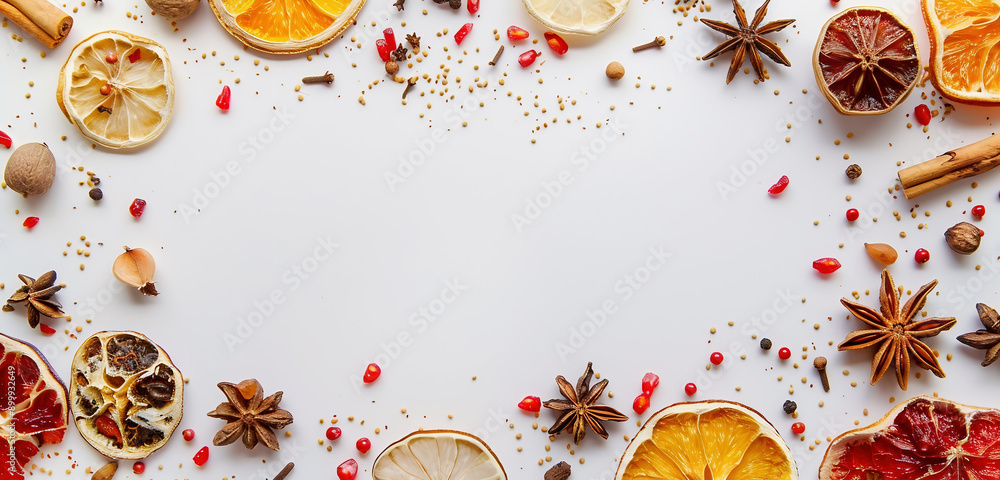 Dried fruits and spices with space for text on a white, plain background Dried fruits and spices with space for text on a white, plain background