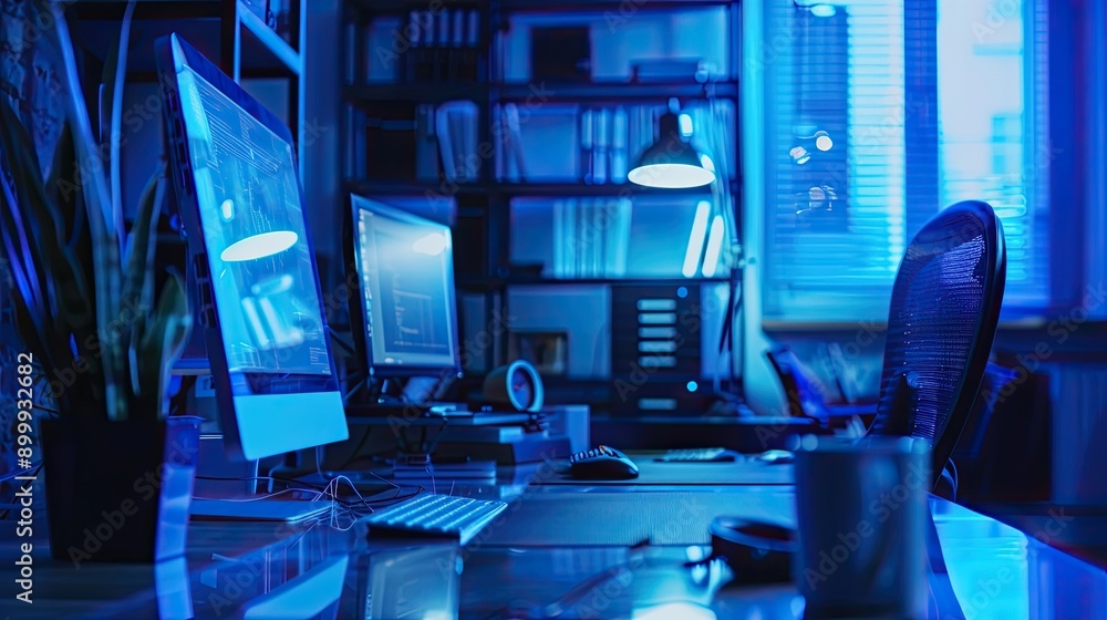 Modern Corporate Office Workspace Featuring Computer Desks and Blue Lighting During Evening Hours Modern Corporate Office Workspace Featuring Computer Desks and Blue Lighting During Evening Hours