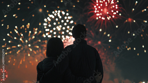 people in the night watching a new years firwork photo