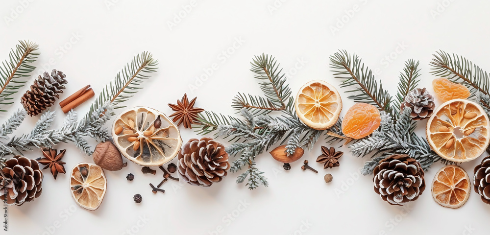 Pine cones, spruce branches, dried forest fruits and spices with a place for an inscription on a white, plain background Pine cones, spruce branches, dried forest fruits and spices with a place for an inscription on a white, plain background