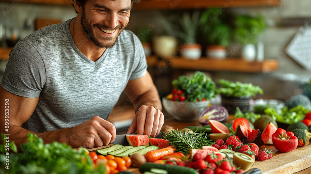 A telephoto angle photo of a handsome, athletic man smiling as he slices fresh fruits and vegetables on a kitchen counter, preparing to make a smoothie, with copy space A telephoto angle photo of a handsome, athletic man smiling as he slices fresh fruits and vegetables on a kitchen counter, preparing to make a smoothie, with copy space