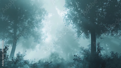 Create an ethereal forest scene with fog, where tree silhouettes emerge mysteriously.