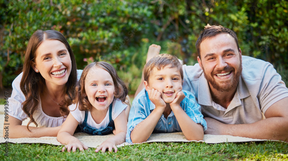 Laughing, family and portrait in garden for relax, morning and together or outdoor for holiday. Mom, dad or children in backyard or countryside for mothers day in nature or happy for love and support Laughing, family and portrait in garden for relax, morning and together or outdoor for holiday. Mom, dad or children in backyard or countryside for mothers day in nature or happy for love and support