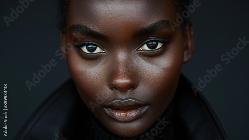 A close-up portrait of a beautiful young adult African woman