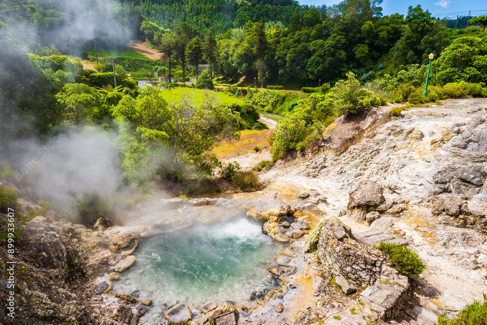 Hot springs in Furnas town, earth heat makes water boil, Sao Miguel Island, Azores, Portugal