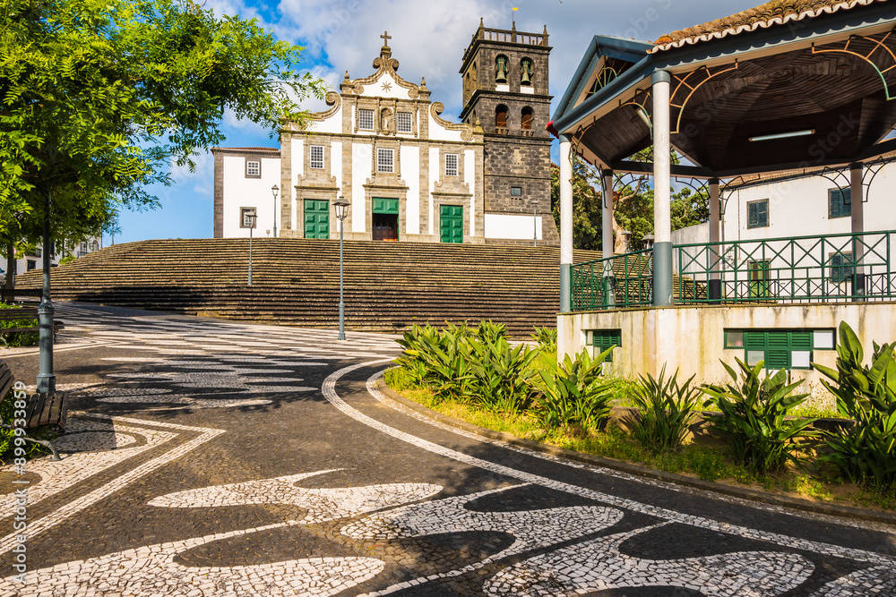 Beautiful church on main square of Ribeira Grande town, Sao Miguel island, Azores, Portugal