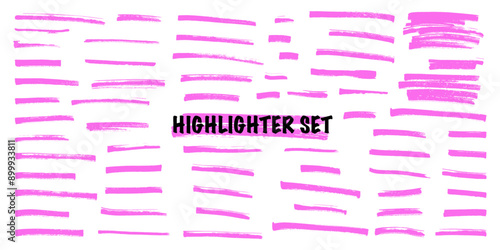 Pink highlight marker lines isolated on white background. Various marker pen strokes with different length and thickness hand drawn set. Realistic vector graphic modern design elements.