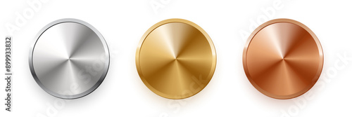 Gold, silver, bronze circle medals. Metal coins. First, second, third place award frames isolated on white background. Winners trophy. Blank shiny badge, banner, label. Realistic vector illustration.