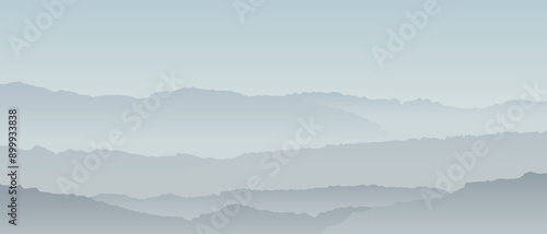 Mountain abstract graphic background. Minimal gray hills landscape vector illustration. Serene landscape of layered mountains in shades of grey blue fading into distance under clear sky.
