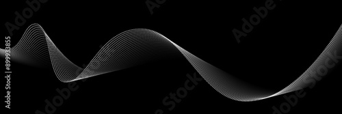 Wave dots abstract pattern. Flow of white curved dotted lines vector illustration isolated on black background. Dynamic shiny swirl backdrop. Digital, technology, ia, music, modern design element.