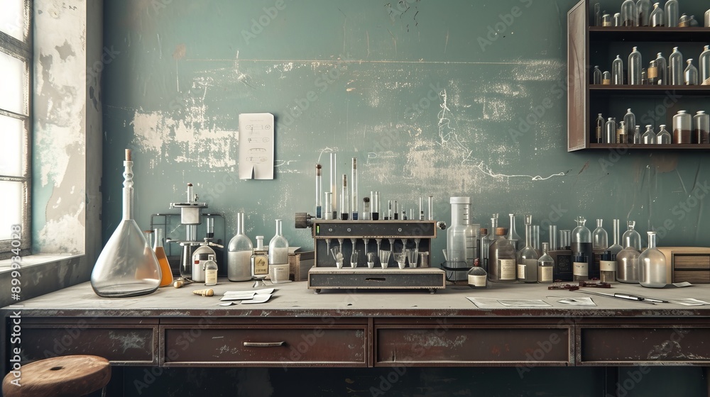 A rustic chemistry lab featuring vintage glassware and scientific equipment, set against a backdrop of peeling paint and worn-out furniture, depicting an atmosphere of aged scientific exploration.