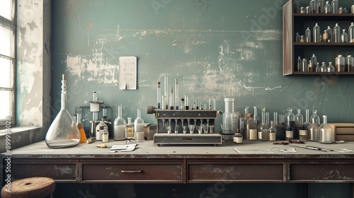 Obraz na płótnie A rustic chemistry lab featuring vintage glassware and scientific equipment, set against a backdrop of peeling paint and worn-out furniture, depicting an atmosphere of aged scientific exploration. w salonie