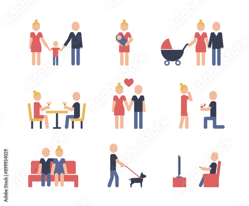 Family icon set. Collection of parents, children, child, family life concept and more. Pictogram color illustration.