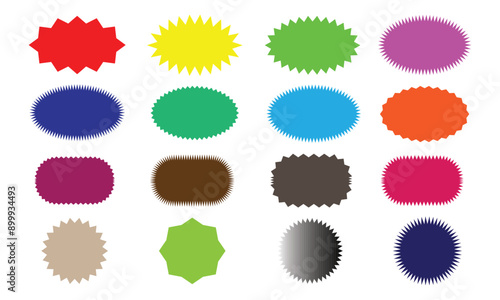 Set of colorful Star burst sticker vector set. rectangle and square, oval and circle shapes with wavy edges. starburst flower sale badge. tags or labels. Vector flat illustration.
