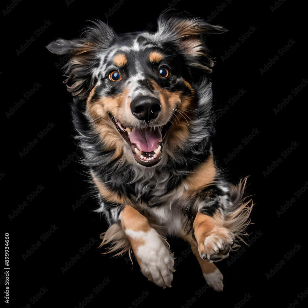 Happy Australian Shepherd Dog Jumping with Tongue Out. Happy Australian Shepherd Dog Jumping with Tongue Out.